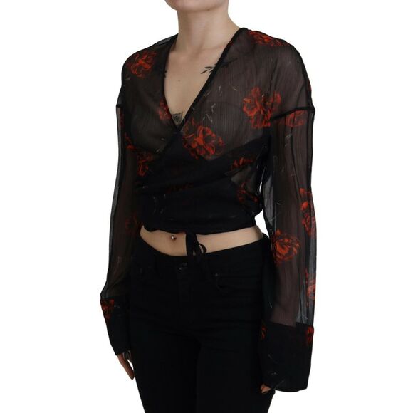 Dsquared² Black Floral Print Cropped Wrap Long Sleeves Women's Top (Pre-Owned) - Picture 2 of 5